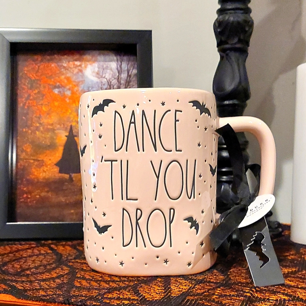 🎉HP🎉 Rae Dunn "Dance 'Til You Drop" Skeleton & Bats Baby Pink Glossy Mug NWT - Picture 1 of 8